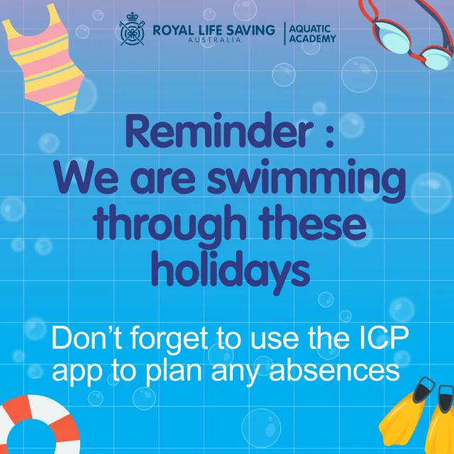 School holidays are now under way so just a friendly reminder that we are open and swimming through, with lessons running as normal.
Remember to use your ICP app for any absences - speak to staff at reception counter if unsure. We are excited to see you in the pool these holidays! 🏊 #swimminglessons #swimming #royallifesaving #watersafety #schoolholidays #schoolholidayfun